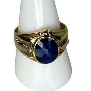 10K Gold Blue Sapphire Ring Mens Size 10 Oval 8x9mm Bezel Set Lab Grown Gemstone